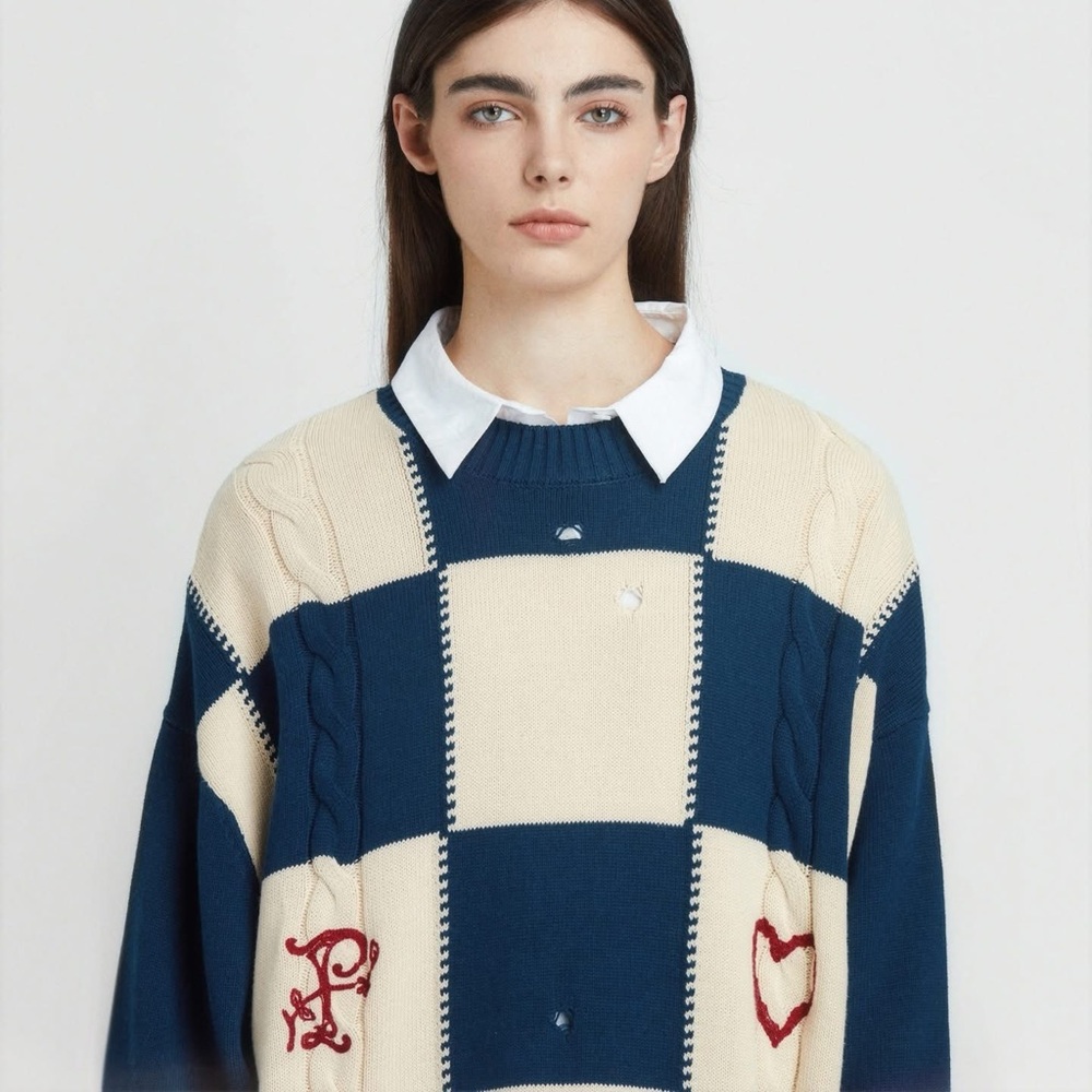 Found (formerly Profound) Checkered Fisherman Knit Sweater Navy Cream Size S - Picture 7 of 8